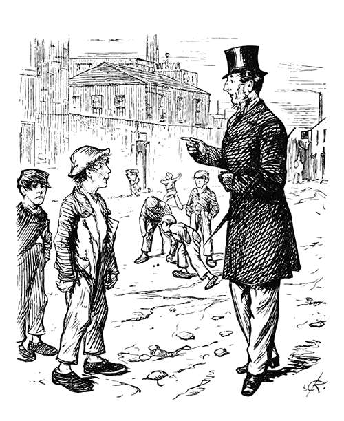A man in a top hat admonishes a young working-class boy taking a break with some friends.