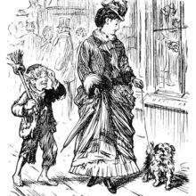 A street urchin ovehears a woman talking to her dog and acts as if she were talking to him