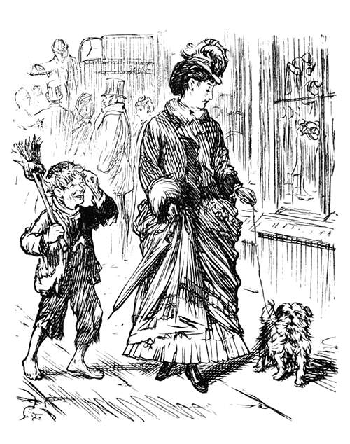 A street urchin ovehears a woman talking to her dog and acts as if she were talking to him