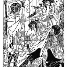 Phantasmagoric depiction of a man being greeted by three creatures dwelling in eerie surroundings.
