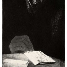 A ghostly, translucid hand reaches for a letter lying on a table