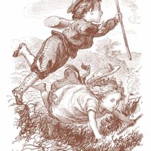 A girl and a boy chasing butterflies go head over heels into a ditch, rolling one over the other