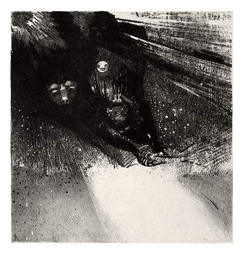 A group of shadowy creatures seems to come crawling down from the upper left corner of the picture