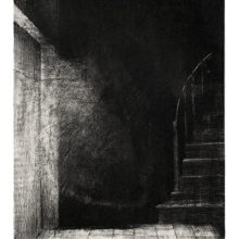View of a staircase as seen from a landing, with steps leading up on the right and ominous shadows