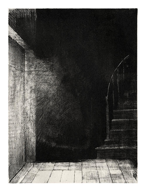 View of a staircase as seen from a landing, with steps leading up on the right and ominous shadows