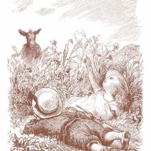 A girl lying in the grass with a little boy points to a butterfly hovering over them