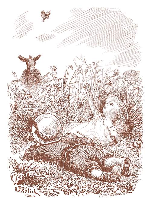 A girl lying in the grass with a little boy points to a butterfly hovering over them