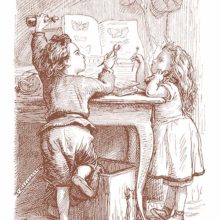 A boy and a girl are leaning on a table, looking at a book with pictures of butterflies