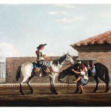 Two milk boys and horses are getting ready to deliver milk carried in jars hanging from the saddles