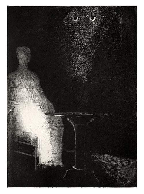 A ghostly figure is sitting at a table while in the background, two eyes emerge from the shadow