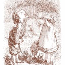 A boy and a girl catch their breath in a meadow after having chased butterflies
