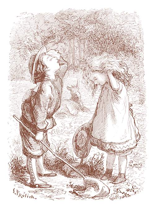 A boy and a girl catch their breath in a meadow after having chased butterflies