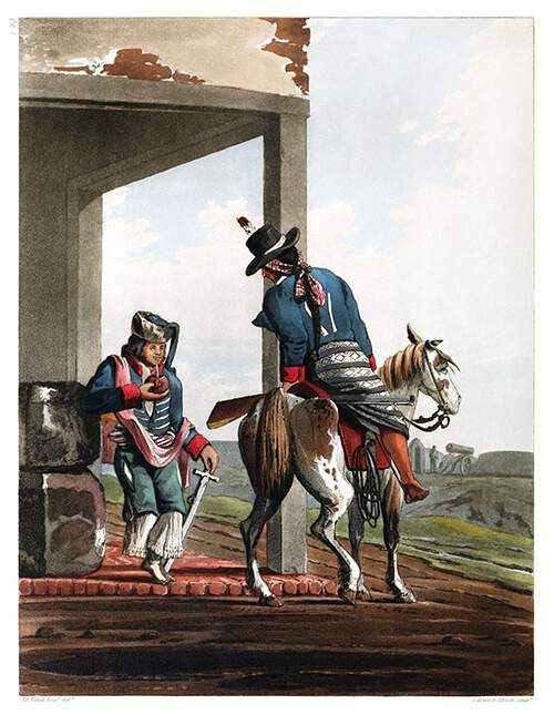 Two men in uniform are talking together, one on horseback, the other drinking maté with a straw