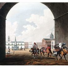 Hand-colored aquatint showing the Plaza de Mayo as seen through the center arch of the Recova