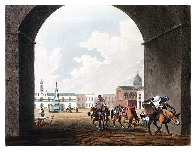 Hand-colored aquatint showing the Plaza de Mayo as seen through the center arch of the Recova