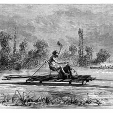 A man riding a hydrocycle on a lake waves his cap at the coxswain and the crew of a rowing boat