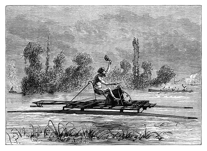 A man riding a hydrocycle on a lake waves his cap at the coxswain and the crew of a rowing boat