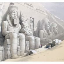 View of the colossal statues of Ramesses II at the entrance of the Great Temple at Abu Simbel