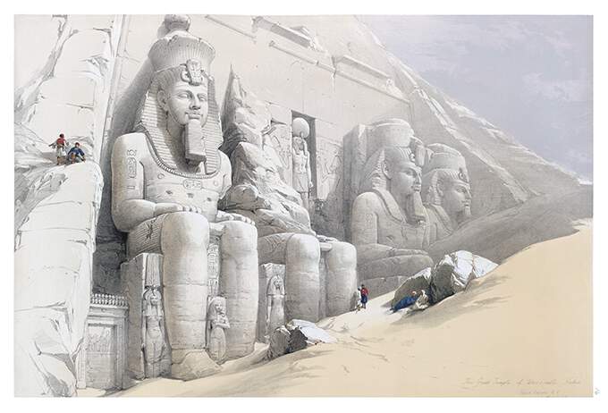 View of the colossal statues of Ramesses II at the entrance of the Great Temple at Abu Simbel