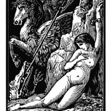 Andromeda hangs shackled to a rock while in the background, Perseus slays the sea monster.