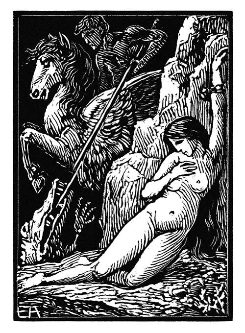 Andromeda hangs shackled to a rock while in the background, Perseus slays the sea monster.