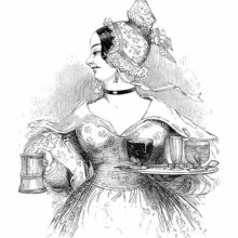 A woman looks to her right while carrying a tankard in one hand and a tray in the other.
