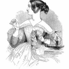 A woman looks to her right while her hand pulls on the thread with which she sews a piece of garment