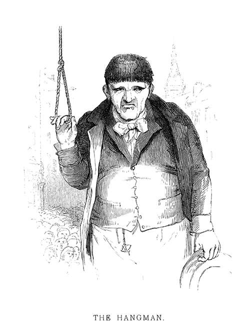 A man stands with a hand resting in the loop of a noose as a crowd can be seen in the background.