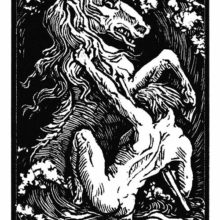 A man naked wrestles a rearing horse in the sea and drives a spear through its shoulder