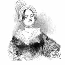 A smiling woman wearing a bonnet carries an empty glass in one hand and a bottle in the other.