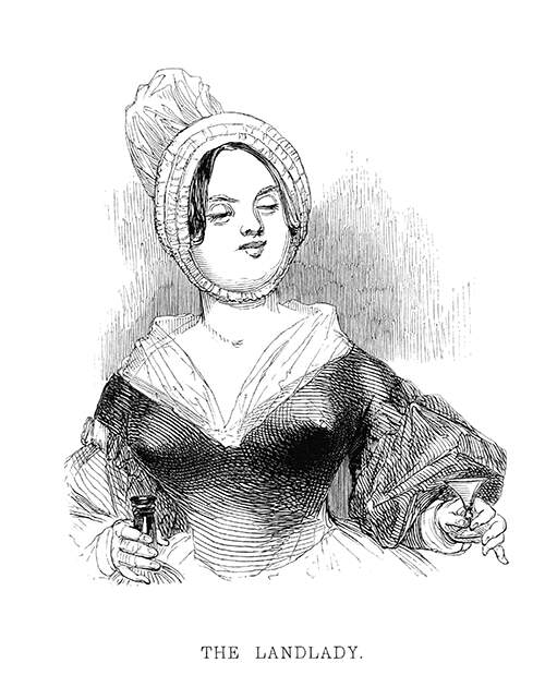 A smiling woman wearing a bonnet carries an empty glass in one hand and a bottle in the other.