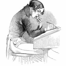 A young man in a torn jacket sits at a desk and eats an apple while writing on a piece of paper.