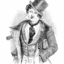 A young man wearing his top hat tilted to the side smokes a cigar and carries a book under his arm.