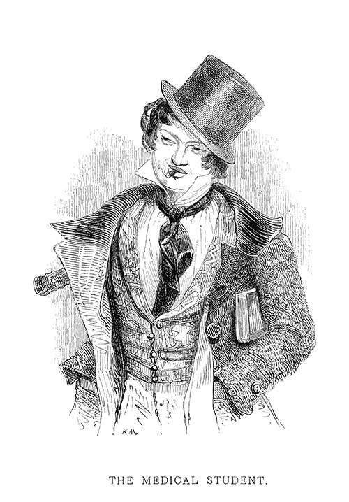 A young man wearing his top hat tilted to the side smokes a cigar and carries a book under his arm.