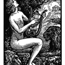 Orpheus is sitting on a capital, playing the lyre and singing with two lions lying at his feet.