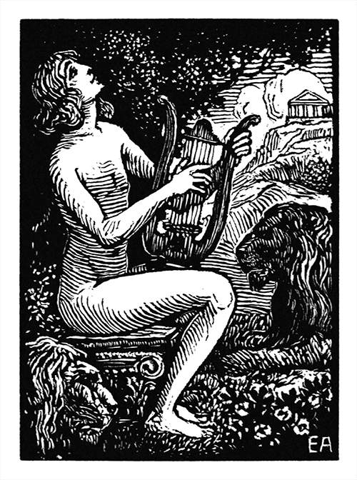 Orpheus is sitting on a capital, playing the lyre and singing with two lions lying at his feet.
