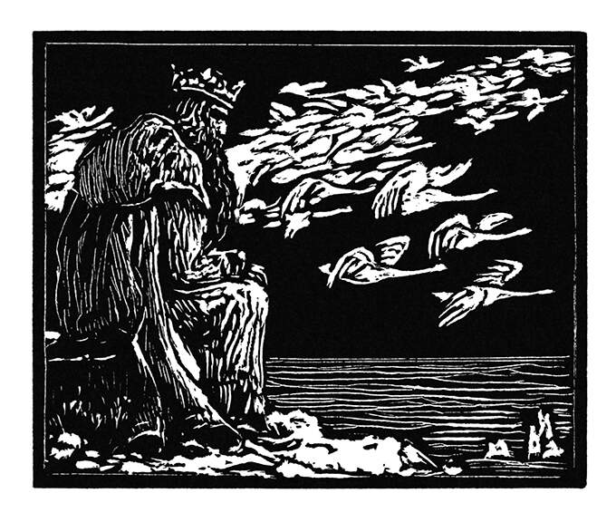 An old king sits moodily on a rock facing the sea as a flock of swans flies through the sky