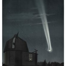 View of the great comet of 1881 as it travels through the night sky past an observatory