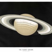 Plate showing a view of the planet Saturn with its ring system at a slight angle