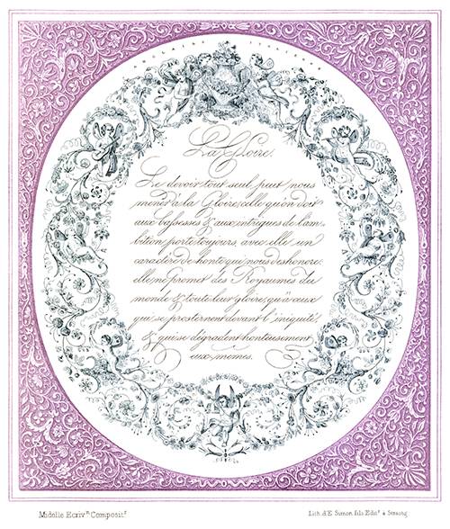 Sample of cursive lettering inside an oval border with putti & scrolls, set in a decorative frame