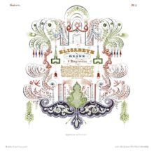 Ornamental composition including lettering, scrolls with foliage and floral motifs, trellis, etc.