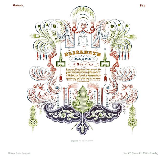 Ornamental composition including lettering, scrolls with foliage and floral motifs, trellis, etc.