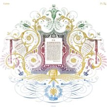 Ornamental composition including lettering, scrolls, calligraphic decoration, a human face, etc.