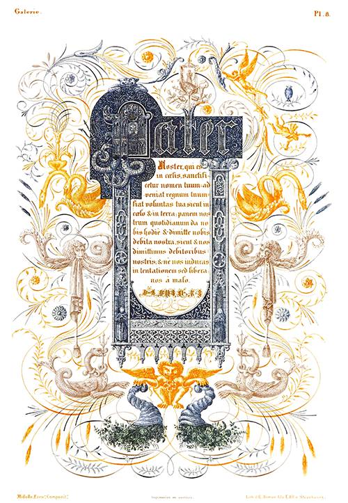 Composition inspired by medieval book ornamentation, including lettering, animals, scrolls, etc.