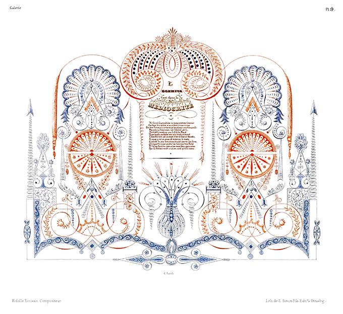Ornamental composition including lettering, calligraphic decoration, stylized scallop shells, etc.