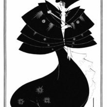 Profile view of the S-shaped figure of a woman wearing a black skirt and cape, and a tiny hat strapped to her hairdo