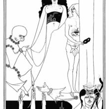 A hieratic Herodias is introduced by a buffoonish herald and accompanied by an embryo-faced character and a page