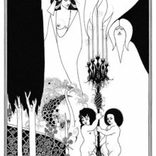 Salomé stands in a robe and a headdress with peacock feathers as two putti holdi a candelabra between her and Herod
