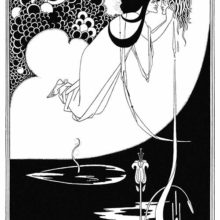 Salomé is floats in midair, holding the severed head of John the Baptist close to her face as a pool of blood forms below