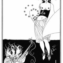 Line block print showing Salomé doing the dance of the seven veils, accompanied by a disheveled string musician